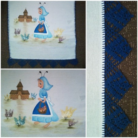 Pano de Prato Formiguinha II: pintado a mão, todo contornado e finalizado com um bico de crochê na cor azul marinho